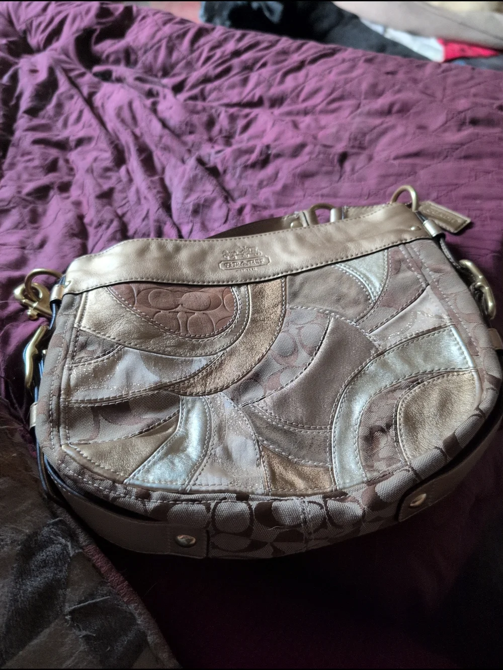 Coach Metallic Patchwork Hobo Bag - Champagne and Taupe